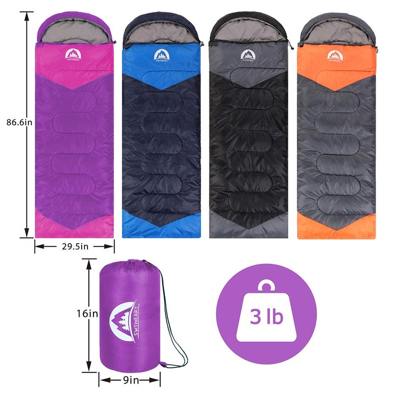 SWTMERRY Sleeping Bag 3 Seasons (Summer, Spring, Fall) Warm & Cool Weather - Lightweight,Waterproof Indoor & Outdoor Use for Kids, Teens & Adults for Camping Hiking, Backpacking and Survival (Purple) - Image 2